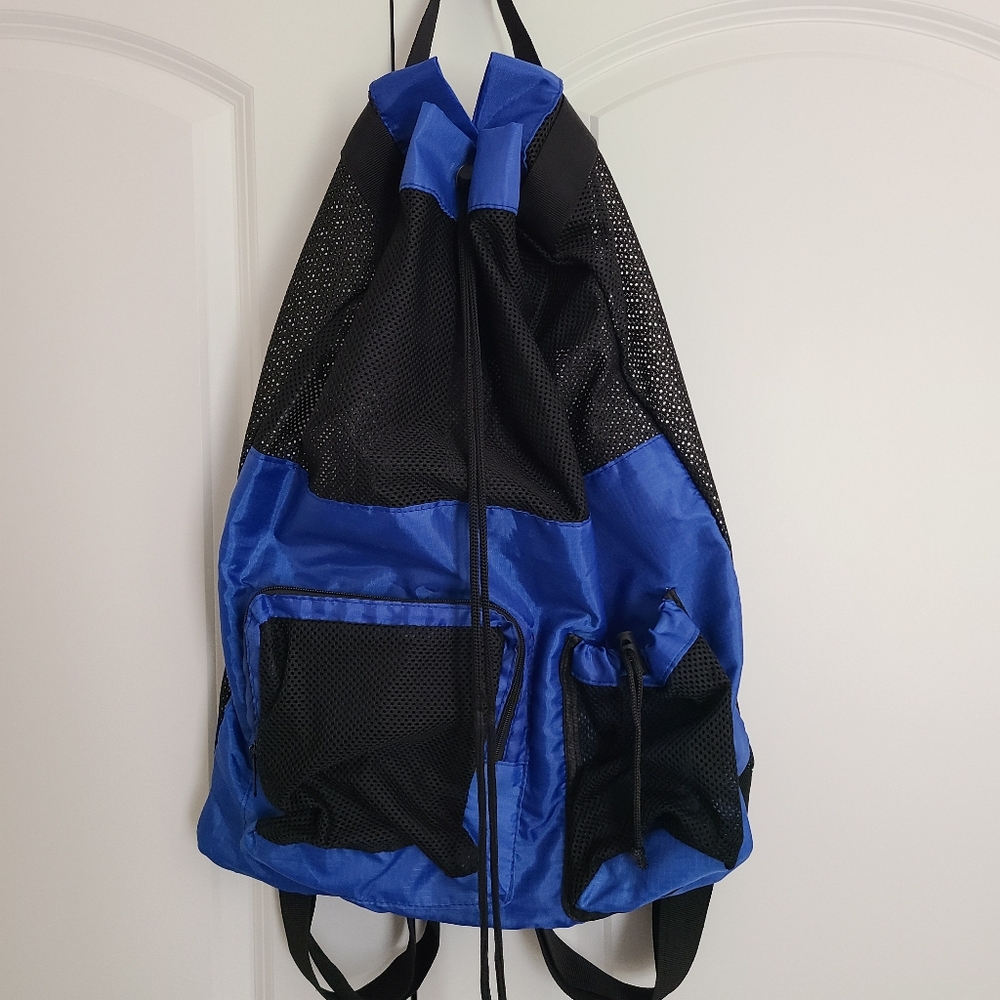 BeeGreen Blue Large Capacity Mesh Drawstring Backpack